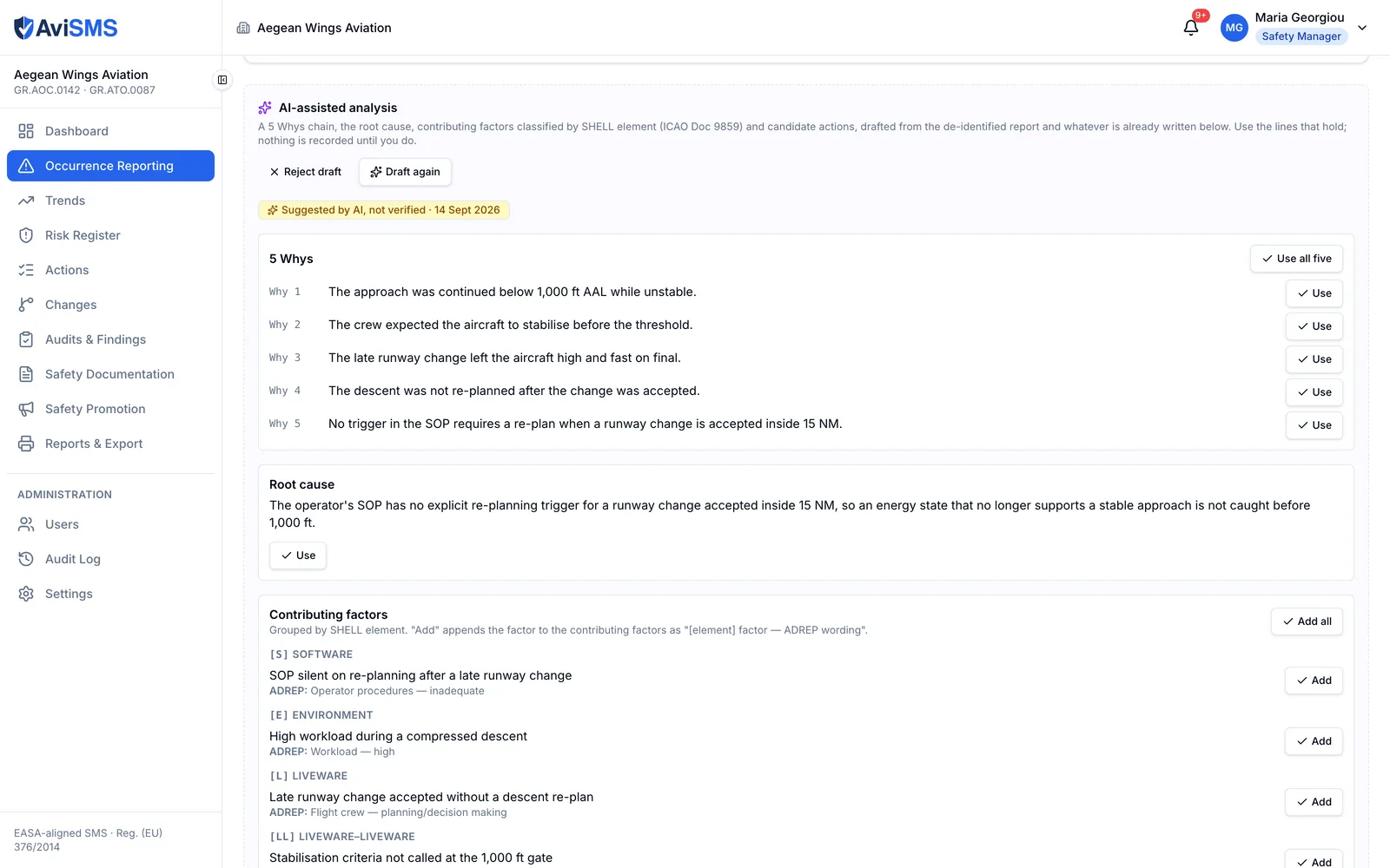 A drafted investigation: a five-step Why chain, a candidate root cause, and contributing factors grouped by SHELL element with their ADREP wording, each with its own Use or Add button.