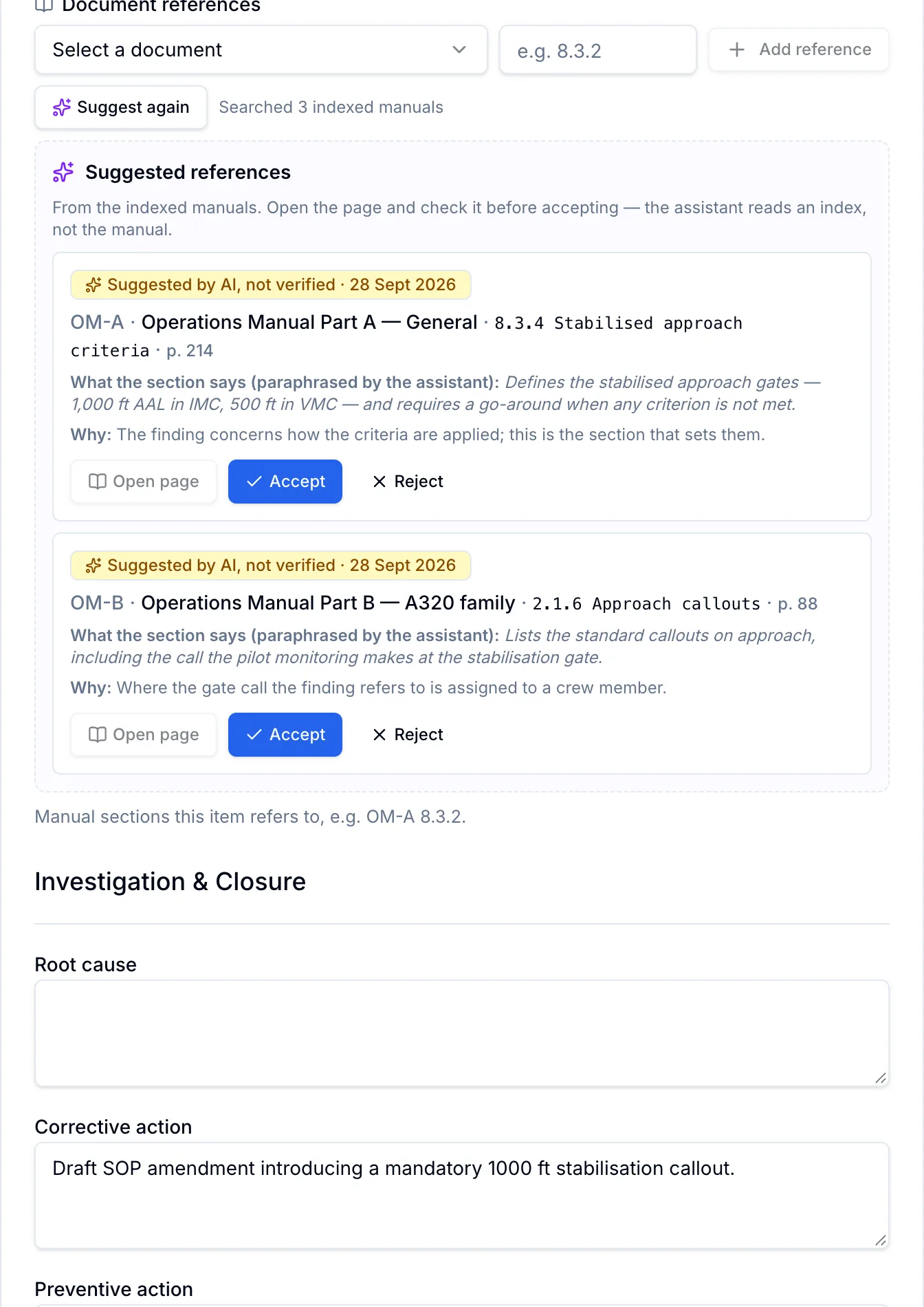 A finding being edited, with two suggested references below it — a section of Operations Manual Part A and one of Part B, each with its page number, a paraphrase of the section and Open page, Accept and Reject buttons.