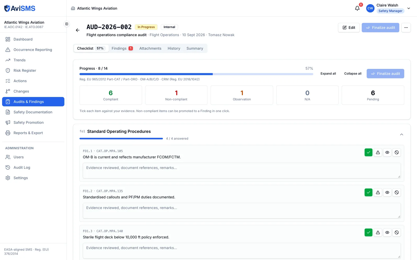 An audit in progress: the checklist at 57 per cent with counts of compliant, non-compliant, observation, not applicable and pending items, and the first items with their regulatory references and answer buttons.