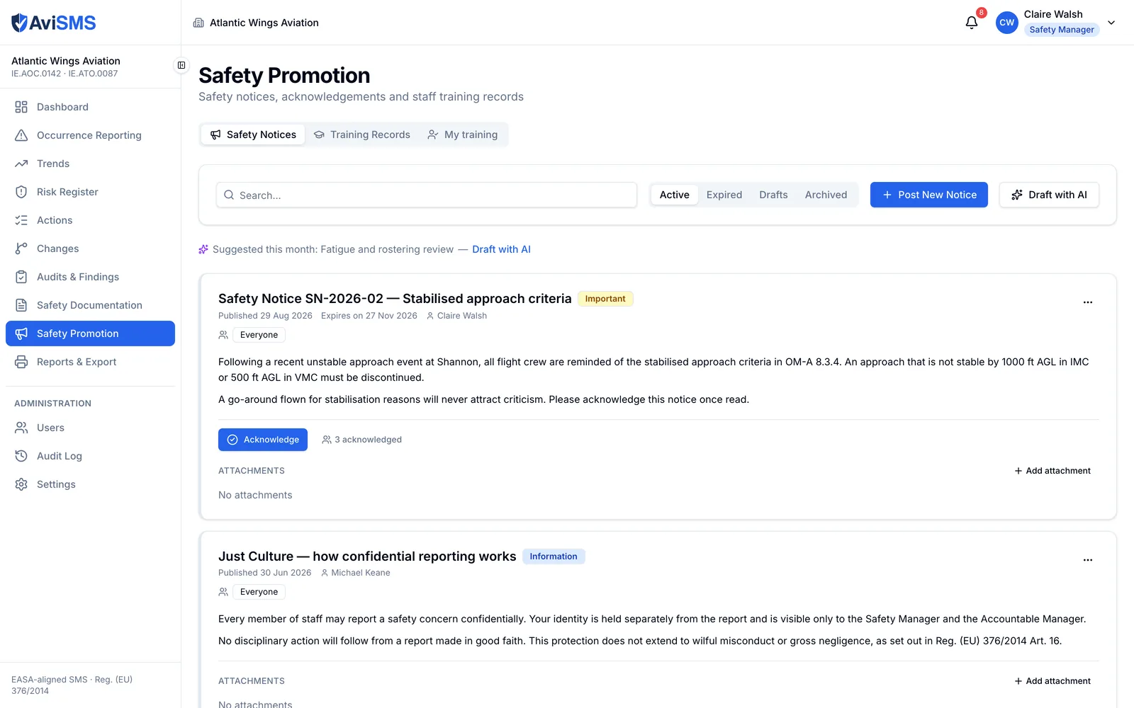 The safety notices list: a published notice on stabilised approach criteria with its audience, an Acknowledge button and the number of people who have acknowledged it, above a second notice on Just Culture.